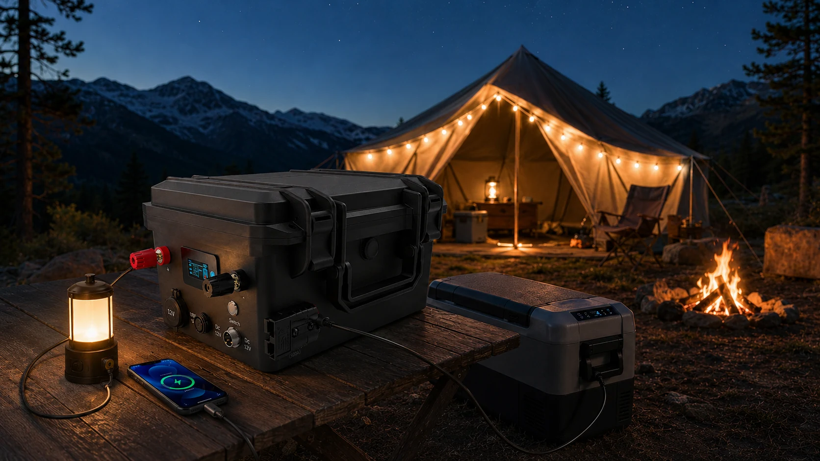 Portable LiFePO4 battery powering an outdoor camping application